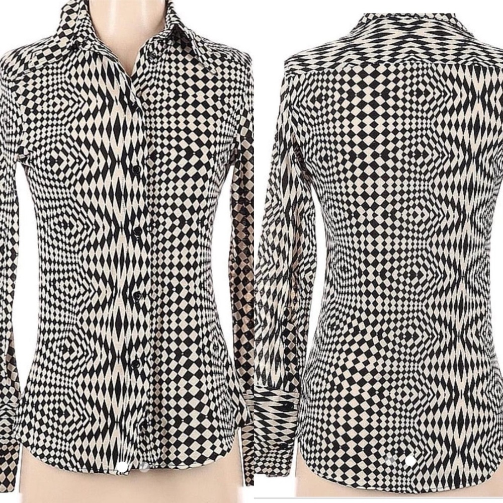 Zara Black & White Geometric Button Down Shirt Size M